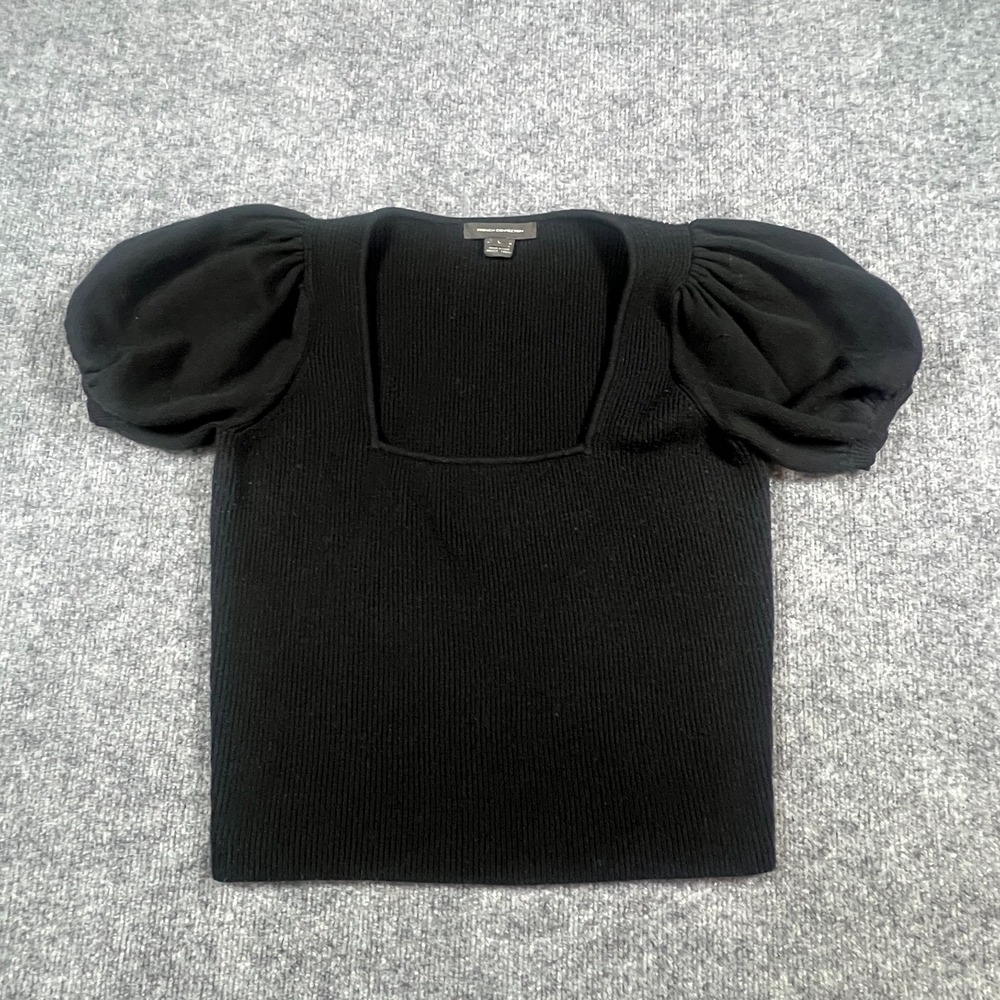 French Connection Sweater Top Womens L Black Ribbed Knit Puff Sleeve Square Neck